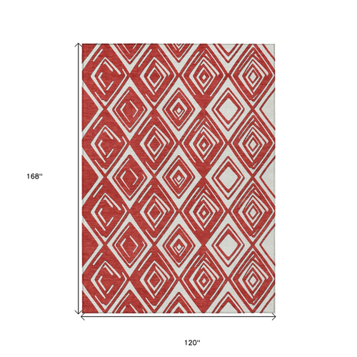 10' X 14' Red And Ivory Geometric Washable Indoor Outdoor Area Rug