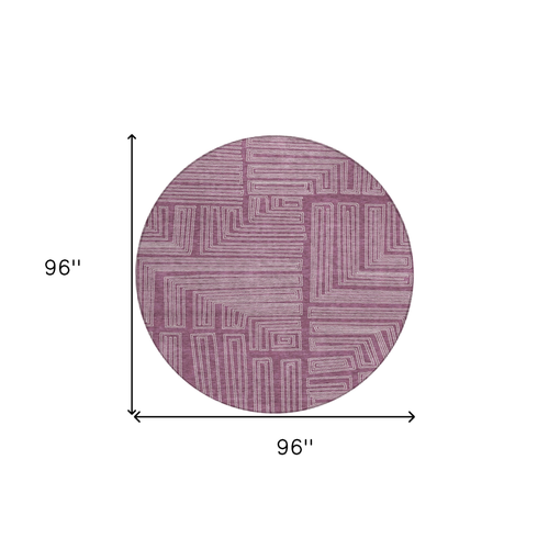 8' Eggplant And Ivory Round Geometric Washable Indoor Outdoor Area Rug