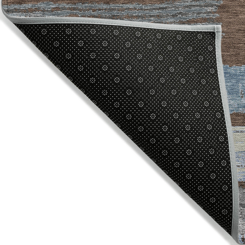 8' X 10' Chocolate Blue And Beige Striped Washable Indoor Outdoor Area Rug