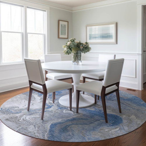 8' Blue And Ivory Round Abstract Washable Indoor Outdoor Area Rug
