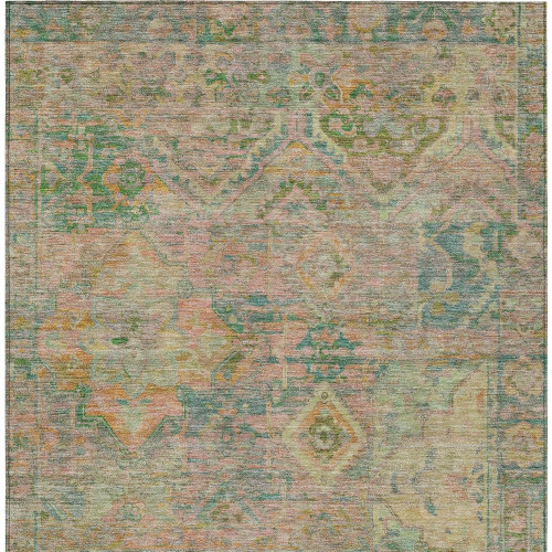 10' X 14' Green Teal Blue And Mauve Floral Medallion Washable Indoor Outdoor Area Rug