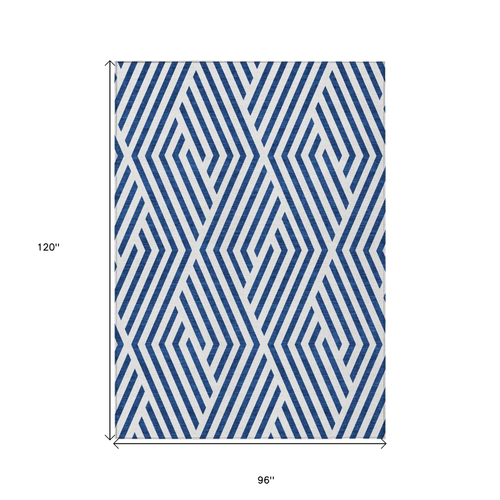 8' X 10' Navy and White Geometric Washable Non Skid Indoor Outdoor Area Rug