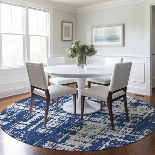 8' Navy Blue And Ivory Round Abstract Washable Indoor Outdoor Area Rug