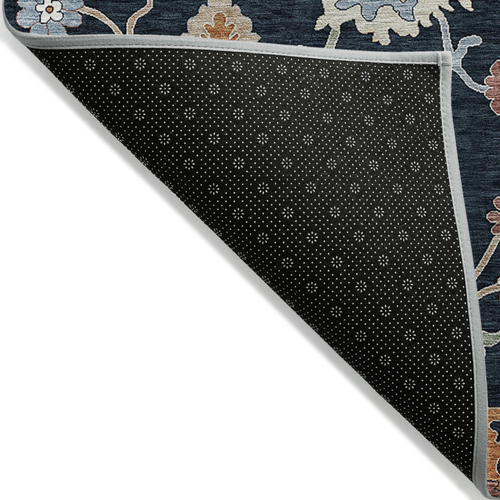 9' X 12' Black Blue And Ivory Floral Washable Indoor Outdoor Area Rug