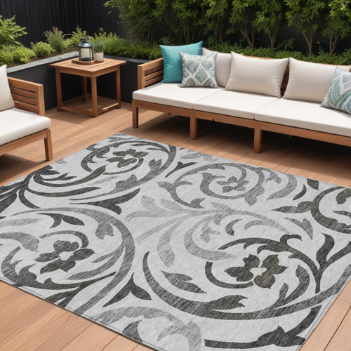 10' X 14' Gray Charcoal And Silver Floral Washable Indoor Outdoor Area Rug