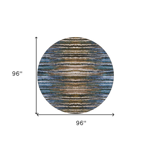 8' Blue Brown And Sky Blue Round Striped Washable Indoor Outdoor Area Rug