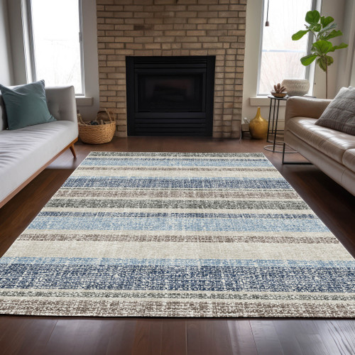 10' X 14' Navy Blue And Beige Striped Washable Indoor Outdoor Area Rug