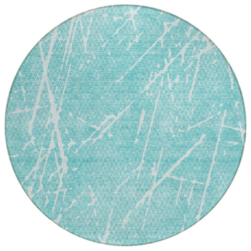 8' Teal Blue And Ivory Round Abstract Washable Indoor Outdoor Area Rug