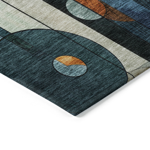 8' Blue Ivory And Copper Round Geometric Washable Indoor Outdoor Area Rug