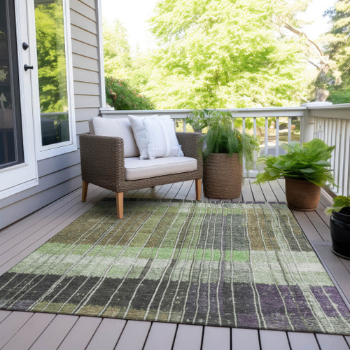 10' X 14' Artichoke Green Charcoal And Purple Striped Washable Indoor Outdoor Area Rug - Artichoke Green, Charcoal, Purple