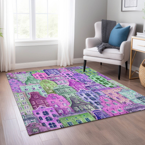 8' X 10' Purple Lilac And Green Geometric Washable Indoor Outdoor Area Rug