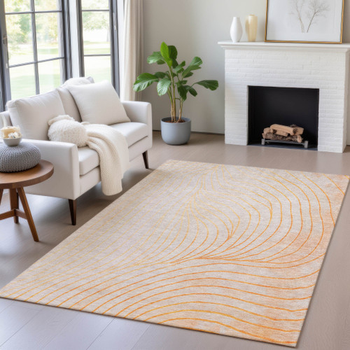 8' X 10' Orange And Silver Abstract Washable Indoor Outdoor Area Rug