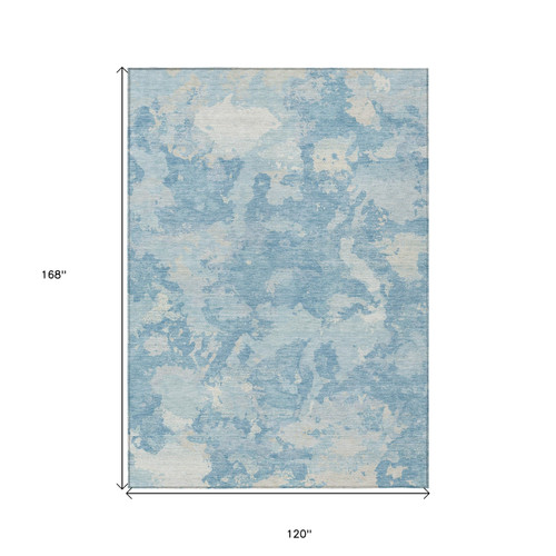 10' X 14' Sky Blue And Denim Blue Abstract Washable Indoor Outdoor Area Rug