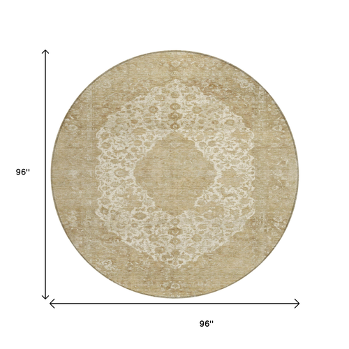 8' Ivory And Beige Round Medallion Washable Indoor Outdoor Area Rug