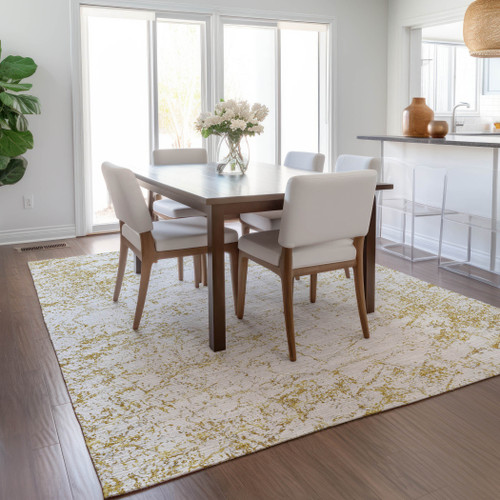 10' X 14' Gold And Ivory Abstract Washable Indoor Outdoor Area Rug