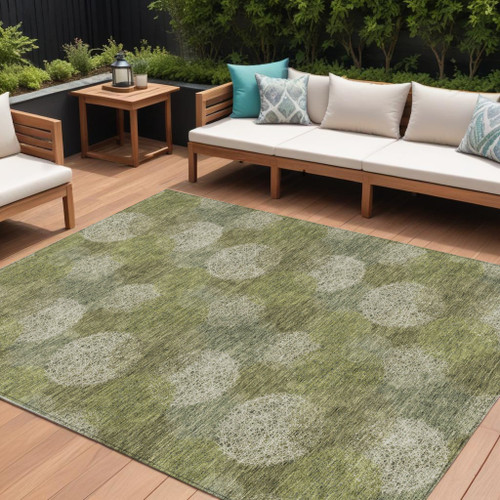 10' X 14' Green Ivory And Sage Polka Dot Washable Indoor Outdoor Area Rug