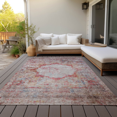 10' X 14' Red Gray And Blue Oriental Washable Indoor Outdoor Area Rug