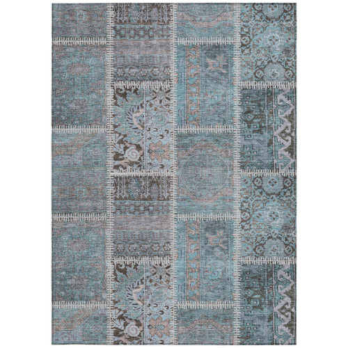 10' X 14' Teal Blue Aqua And Beige Patchwork Washable Indoor Outdoor Area Rug