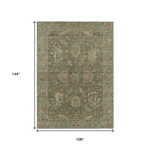 9' X 12' Olive Green And Rust Floral Washable Indoor Outdoor Area Rug