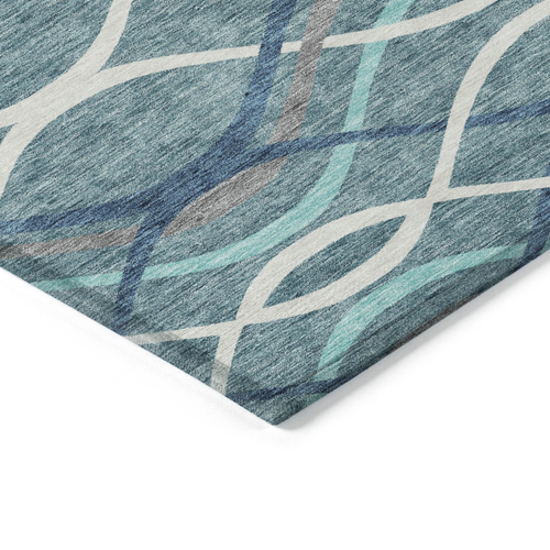 9' X 12' Teal Blue Navy Blue And Gray Abstract Washable Indoor Outdoor Area Rug