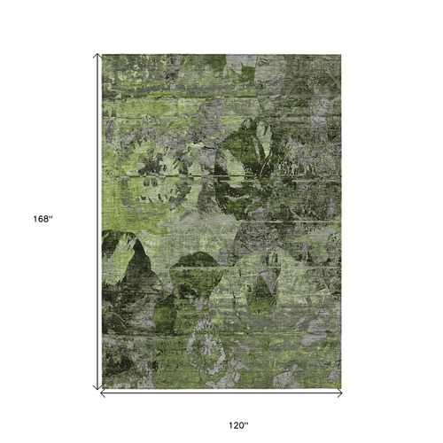10' X 14' Green and Gray Floral Washable Non Skid Indoor Outdoor Area Rug
