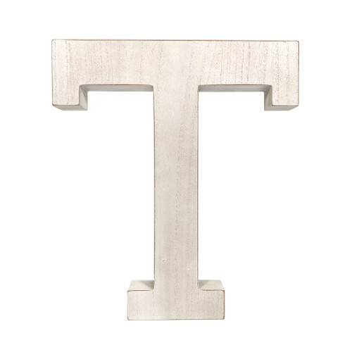 16" Distressed White Wash Wooden Initial Letter T Sculpture Manufactured Wood