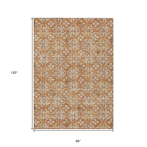 8' X 10' Copper Gray And Beige Floral Washable Indoor Outdoor Area Rug
