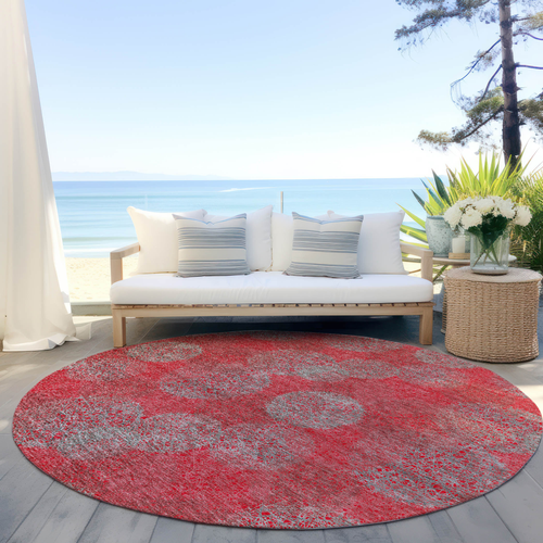 8' Red Gray And Silver Round Polka Dot Washable Indoor Outdoor Area Rug