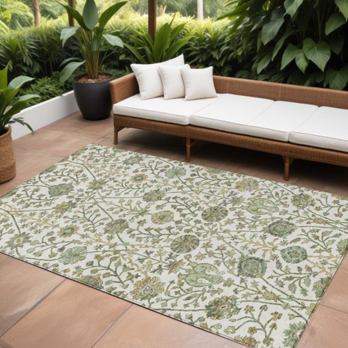 9' X 12' Ivory Green And Brown Floral Washable Indoor Outdoor Area Rug