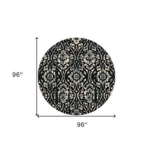 8' Black Gray And Ivory Round Floral Washable Indoor Outdoor Area Rug