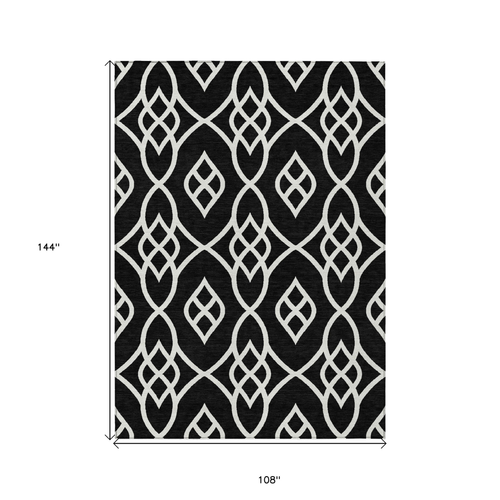 9' X 12' Black And Ivory Trellis Washable Indoor Outdoor Area Rug