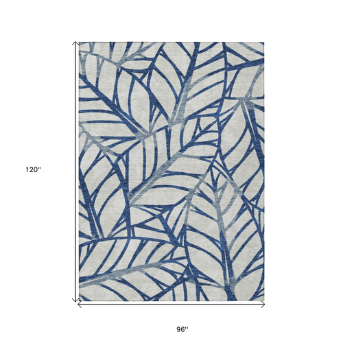 8' X 10' Navy Blue And Beige Floral Washable Indoor Outdoor Area Rug