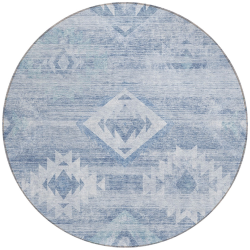 8' Denim Blue And Sky Blue Round Southwestern Washable Indoor Outdoor Area Rug