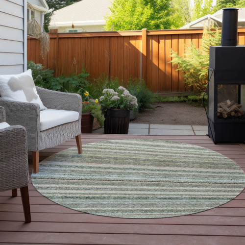 8' Sage Mint Green And Beige Round Striped Washable Indoor Outdoor Area Rug