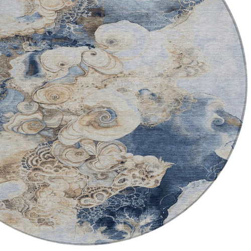 8' Denim Blue And Beige Round Abstract Washable Indoor Outdoor Area Rug - Denim Blue, Beige