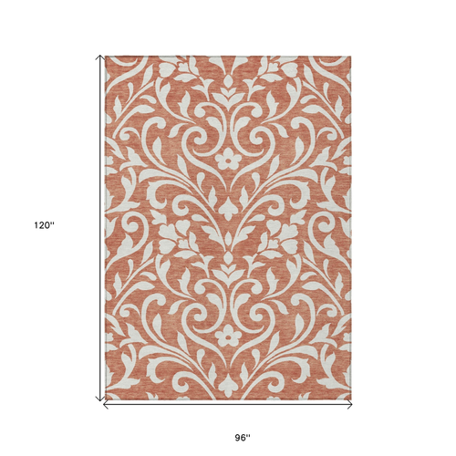 8' X 10' Salmon And Ivory Floral Washable Indoor Outdoor Area Rug