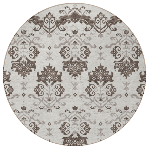 8' Chocolate Taupe And Beige Round Oriental Washable Indoor Outdoor Area Rug