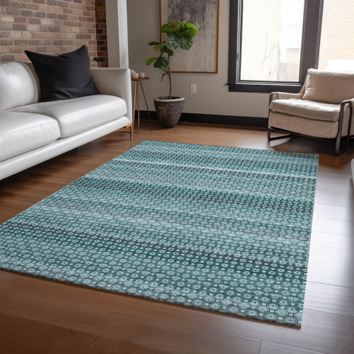 8' X 10' Teal Blue And Aqua Striped Washable Indoor Outdoor Area Rug