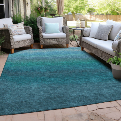 8' X 10' Teal Blue And Sky Blue Ombre Washable Indoor Outdoor Area Rug