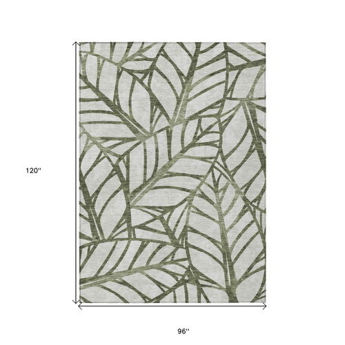 8' X 10' Olive Green And Beige Floral Washable Indoor Outdoor Area Rug