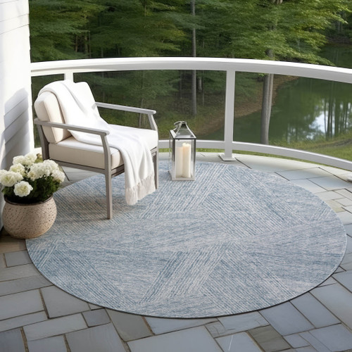 8' Denim Blue And Ivory Round Abstract Washable Indoor Outdoor Area Rug Transitional Style - Denim Blue, Ivory Color