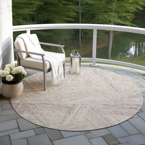 8' Beige And Brown Round Abstract Washable Indoor Outdoor Area Rug