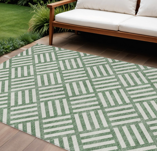 9' X 12' Green And Ivory Geometric Washable Indoor Outdoor Area Rug