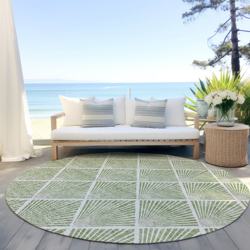 8' Green Beige And Ivory Round Geometric Washable Indoor Outdoor Area Rug