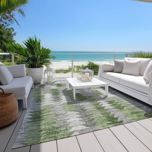 9' X 12' Green And Fern Green Geometric Washable Indoor Outdoor Area Rug