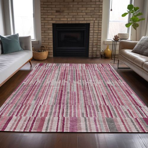 9' X 12' Blush And Ivory Striped Washable Indoor Outdoor Area Rug - Blush, Ivory