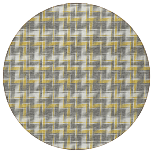 8' Round Gray Yellow and White Round Plaid Washable Non Skid Indoor Outdoor Area Rug