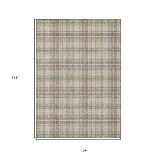 9' X 12' Beige Ivory And Green Plaid Washable Indoor Outdoor Area Rug
