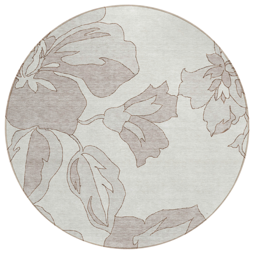 8' Ivory Beige And Taupe Round Floral Washable Indoor Outdoor Area Rug
