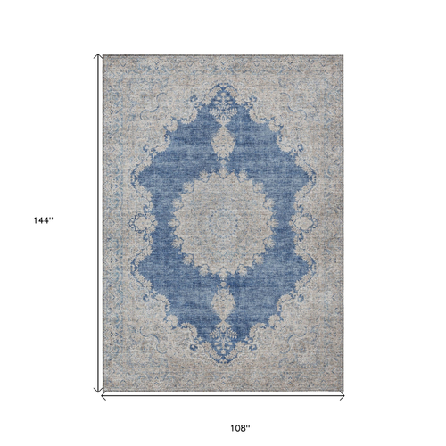 9' X 12' Navy Blue And Ivory Oriental Washable Indoor Outdoor Area Rug